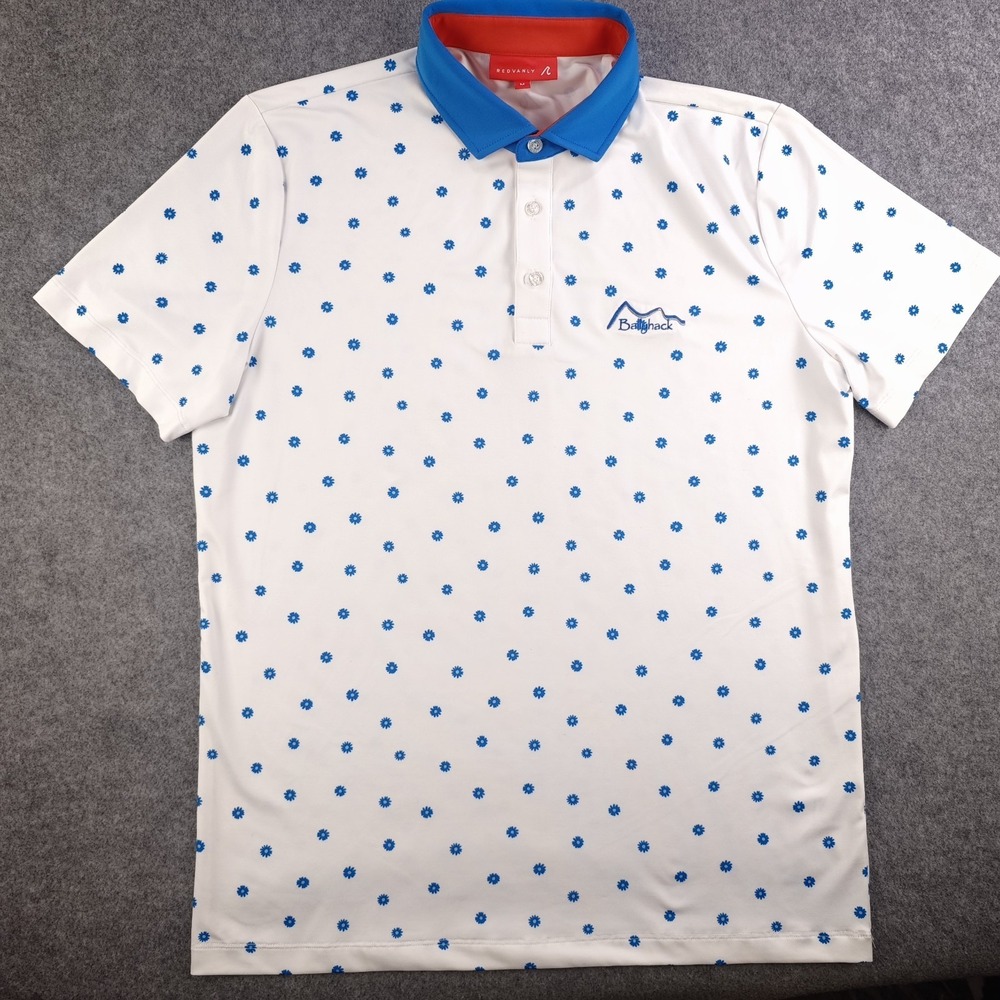 Redvanly Polo Mens Medium White Blue Daisy Geometric Ballyhack Golf Club Logo